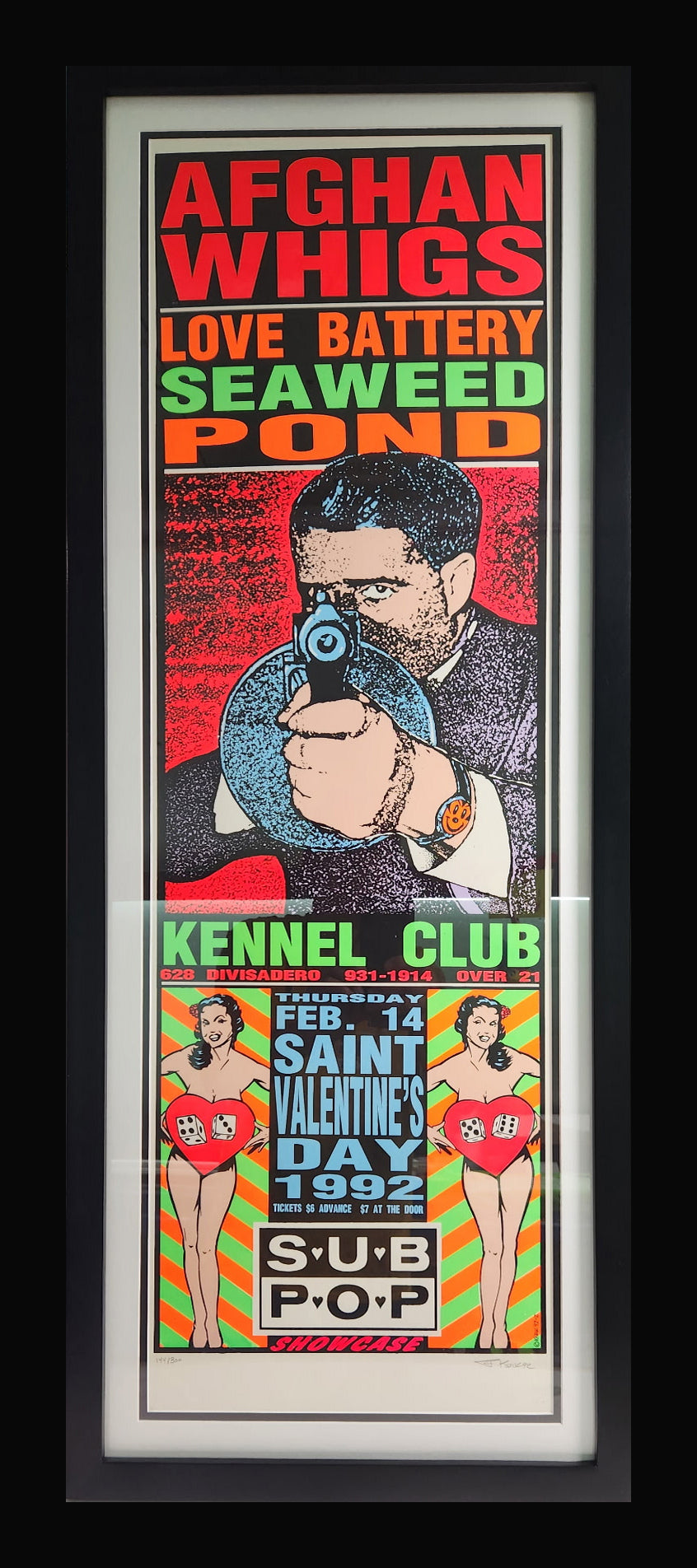Actual signed and numbered Afghan Whigs poster in black frame, centered on black