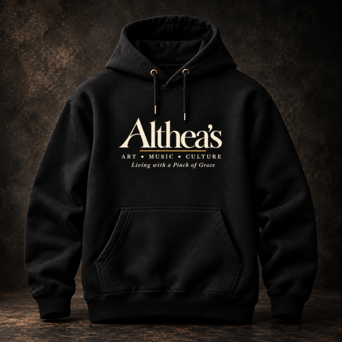 Black Althea's hoodie with ivory logo, displayed against a charcoal background