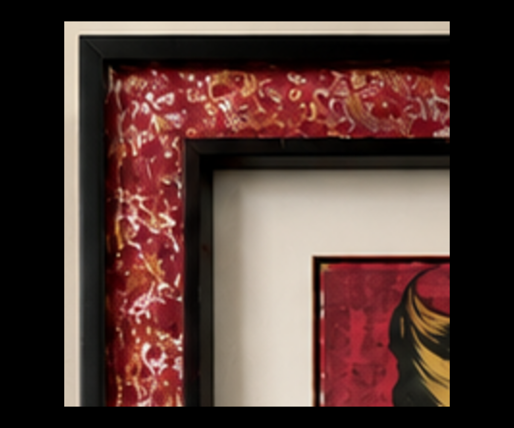 Custom red gold and black frame detail for Beauty Can’t Count