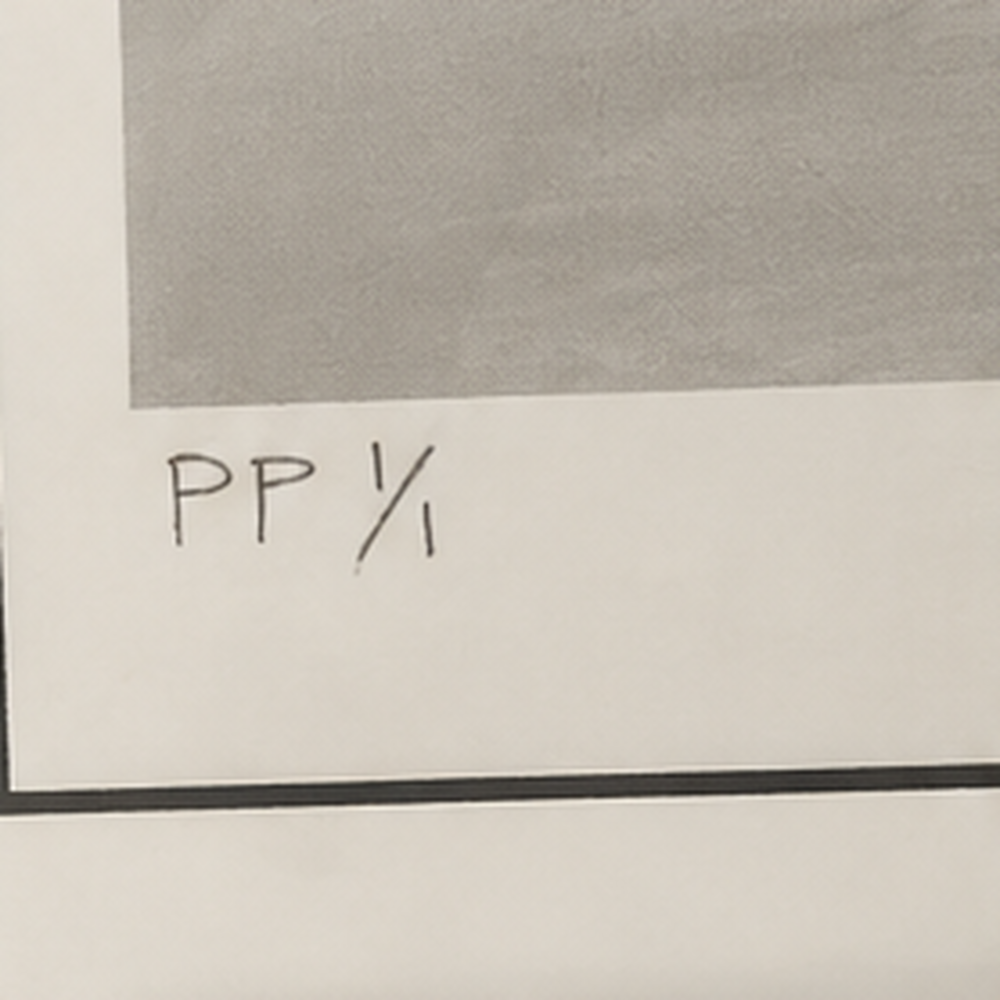 Close-up of the PP 1/1 edition marking on the Barry Feinstein Bob Dylan photograph