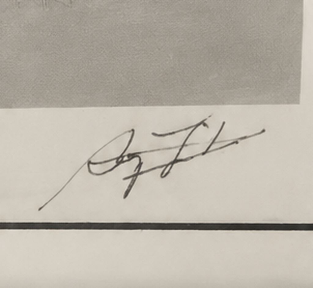Close-up of Barry Feinstein's signature on the Bob Dylan photograph