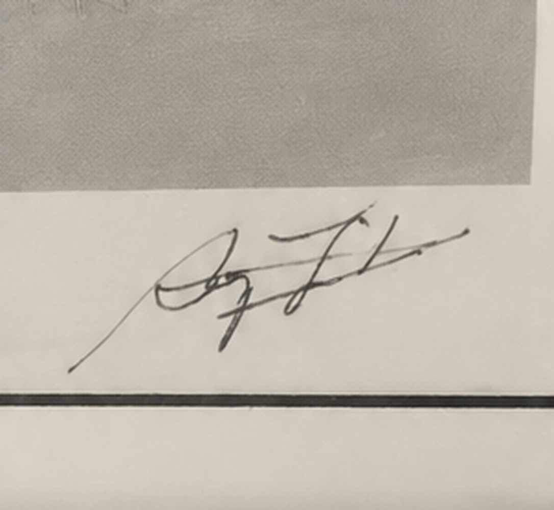 Close-up of Barry Feinstein's signature on the Bob Dylan photograph