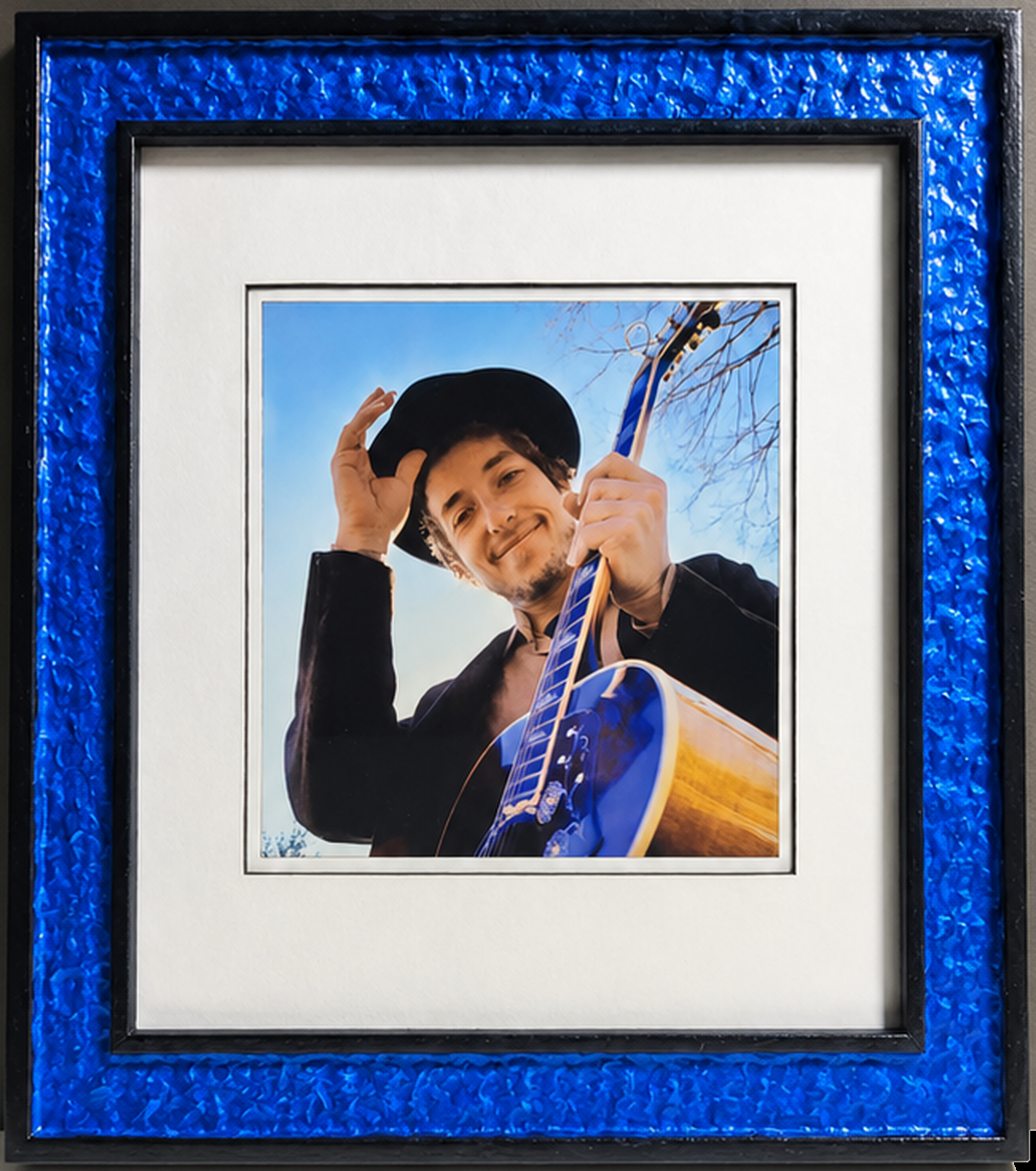 Full framed Bob Dylan Woodstock 1969 photograph by Elliott Landy, cropped precisely to the outer frame