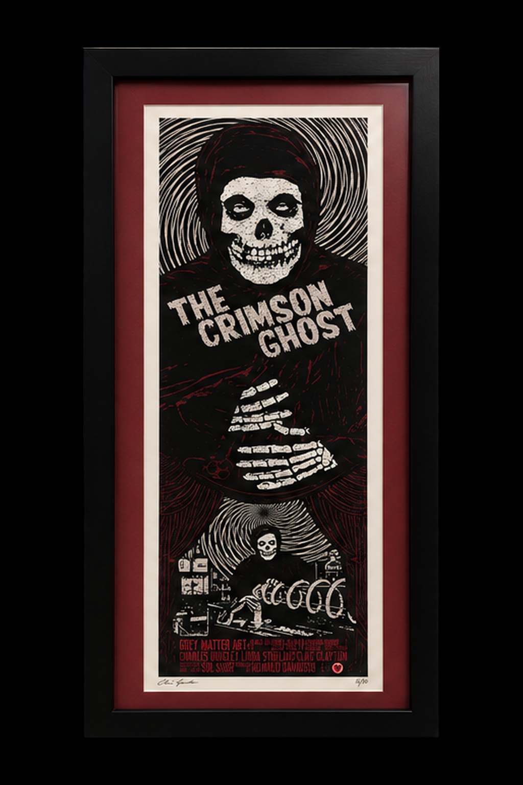 The Crimson Ghost silkscreen by Chris Garofalo, centered in its complete black frame with a clean black surround