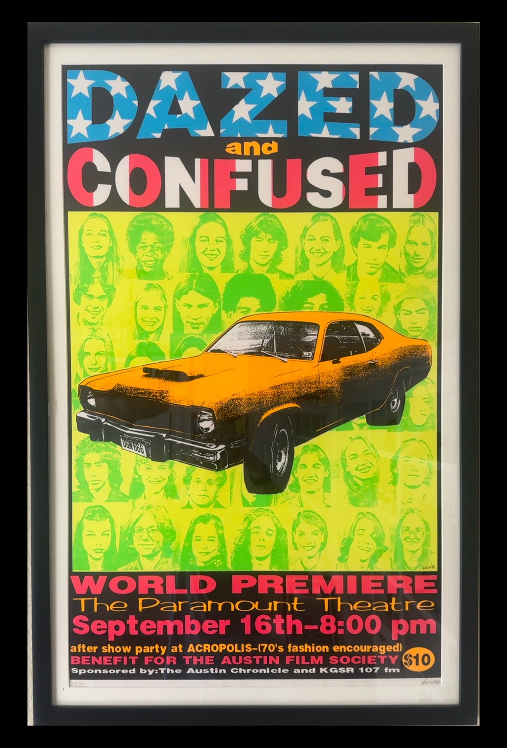 Dazed and Confused world premiere poster by Frank Kozik, straightened and centered with the complete frame visible