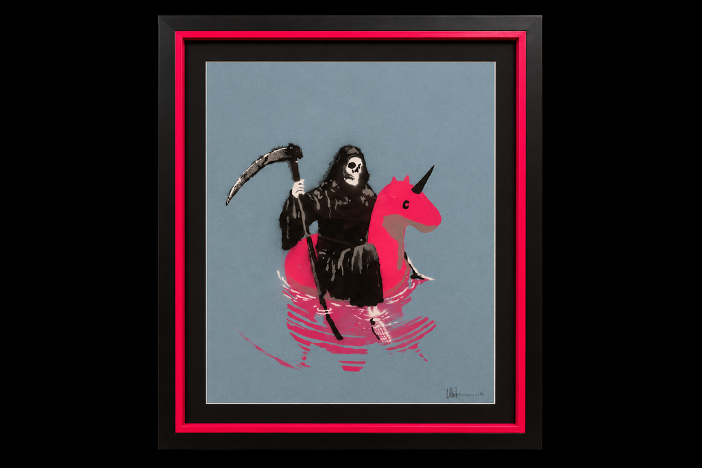 Death Floats by Ubik, complete framed blue print centered against black