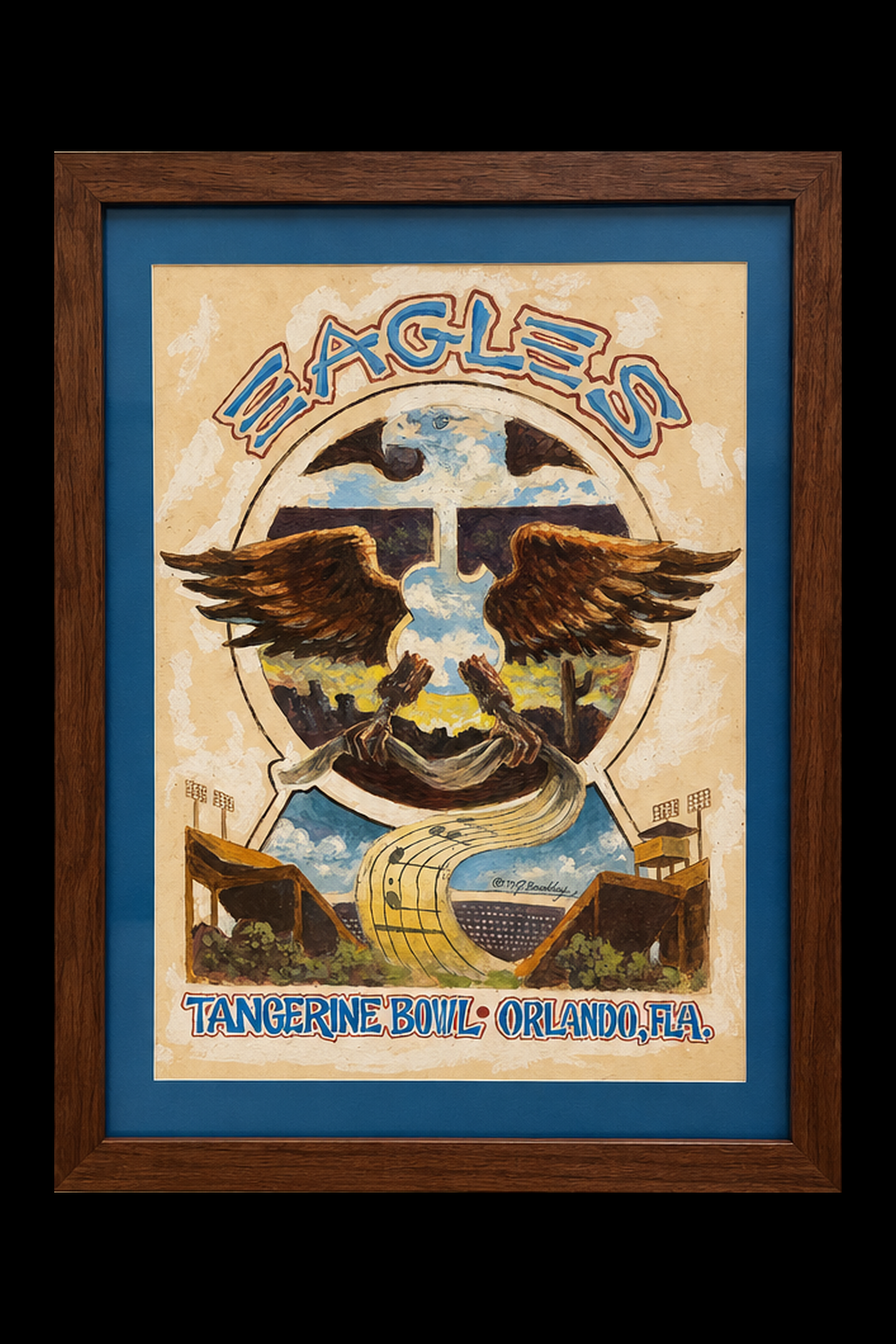 The Eagles Tangerine Bowl 1977 original artwork by John Beardsley in its complete brown frame