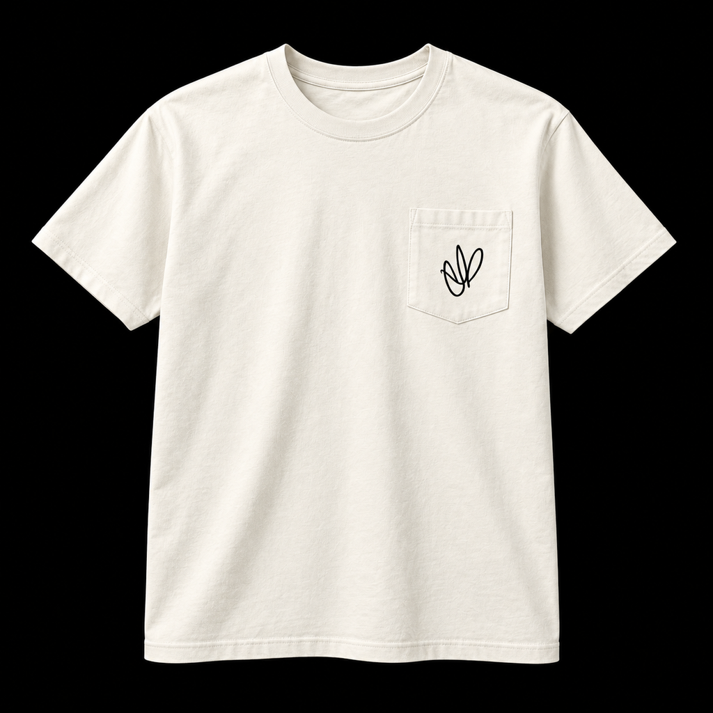 Front of white European Bob signature pocket T-shirt, black background