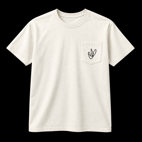Front of white European Bob signature pocket T-shirt, black background