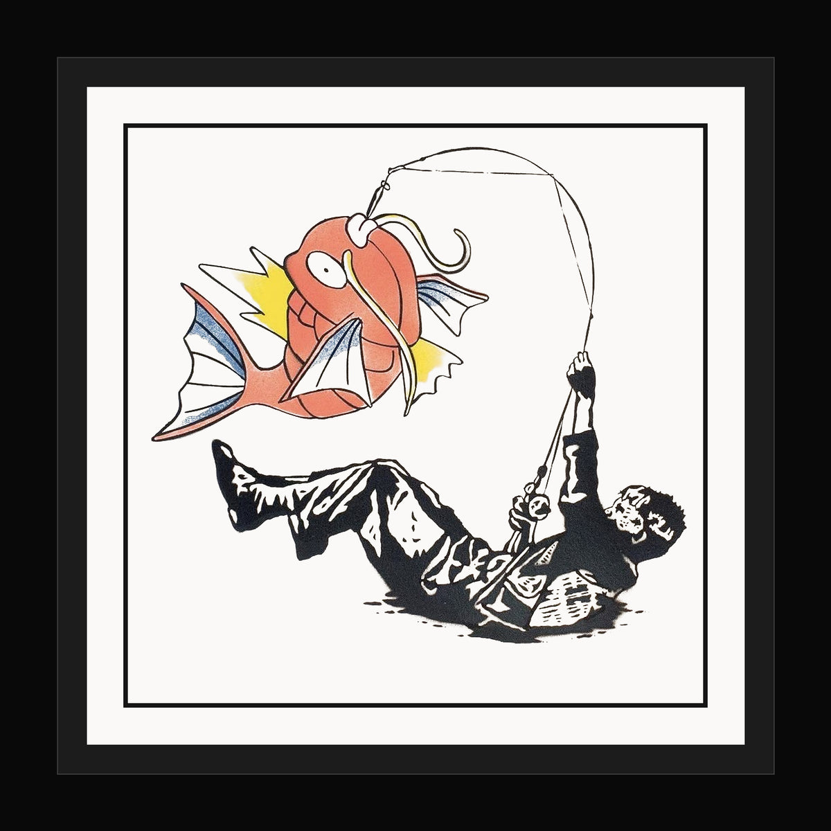 Gone Fishing by European Bob framed original stencil with even white mat and black inner mat