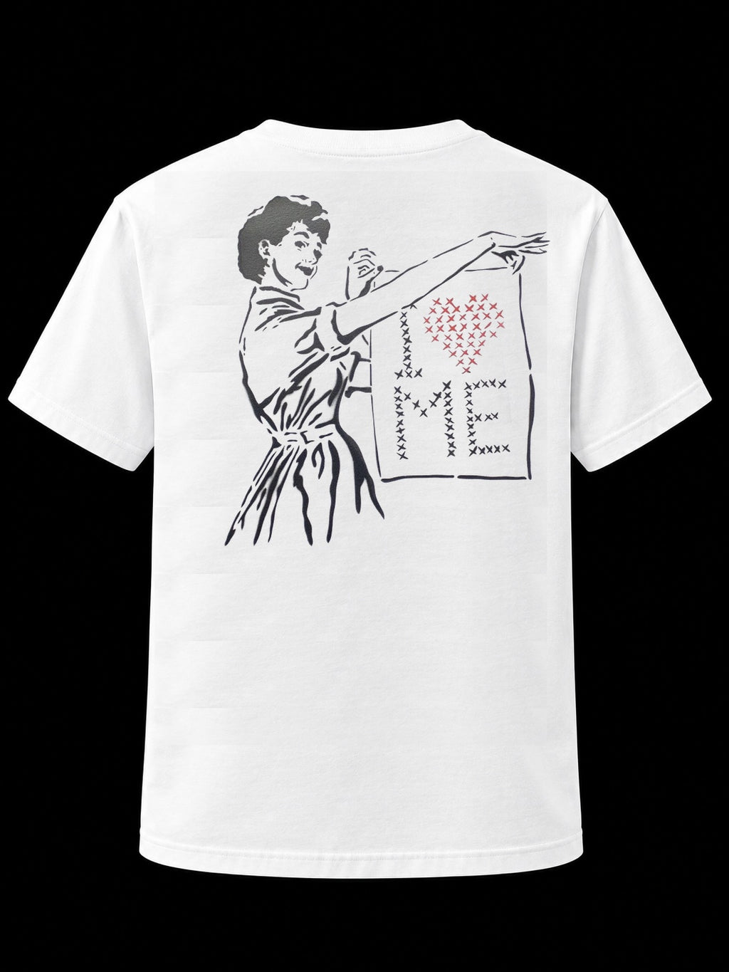 Back of I Love Me European Bob white artist exclusive T-shirt, black background