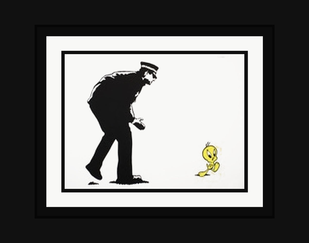 I Tawt I Taw by European Bob in flat, thick solid black wooden gallery frame with white mat and narrow black inner mat
