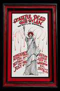 Complete 1986 Grateful Dead, Bob Dylan and Tom Petty poster in custom ruby red frame with black trim