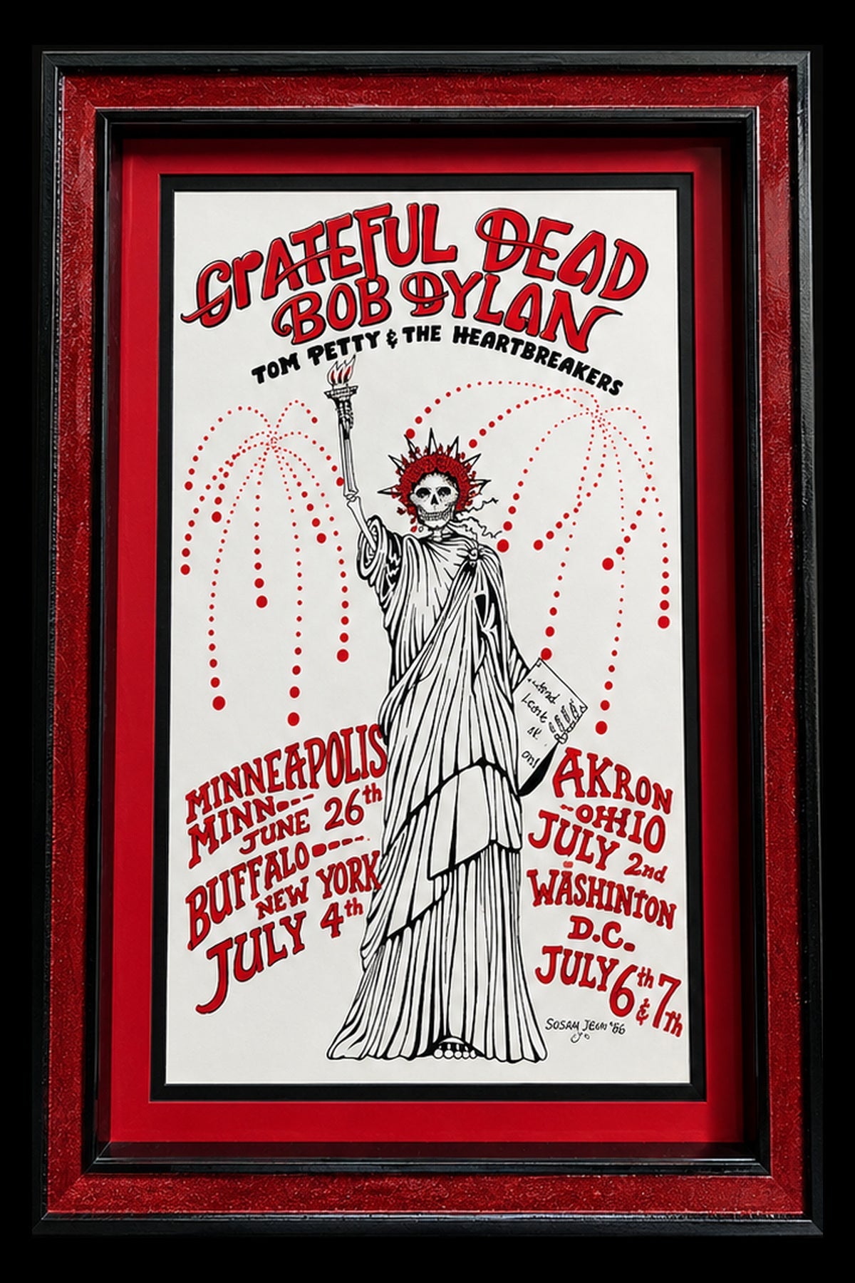 Complete 1986 Grateful Dead, Bob Dylan and Tom Petty poster in custom ruby red frame with black trim