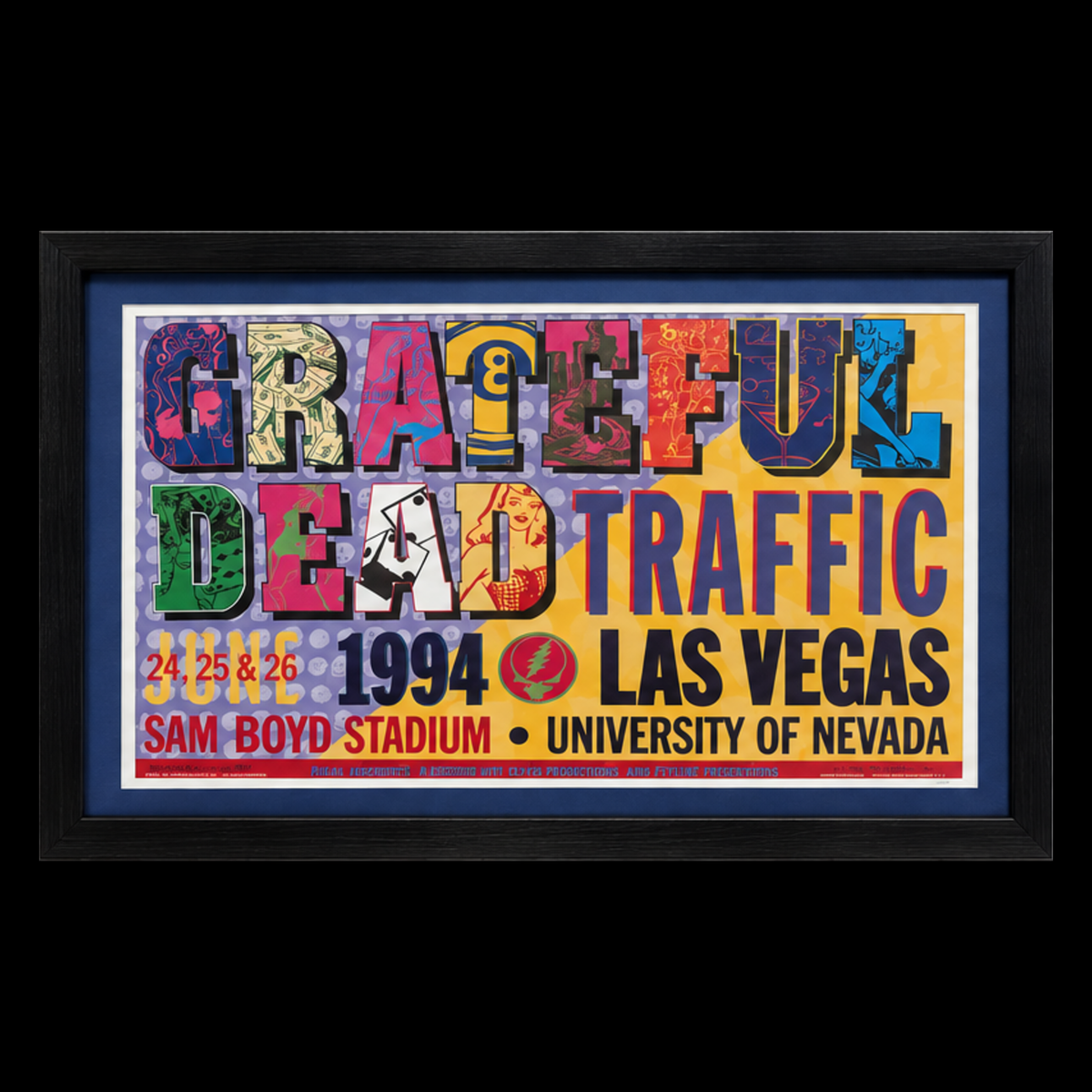 Grateful Dead and Traffic Las Vegas 1994 framed poster centered on black