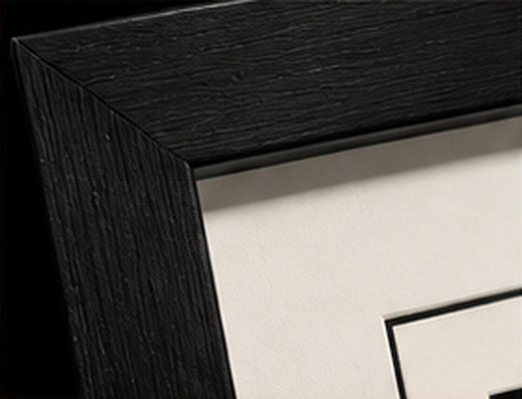 Close-up of the black wood gallery frame and white mat