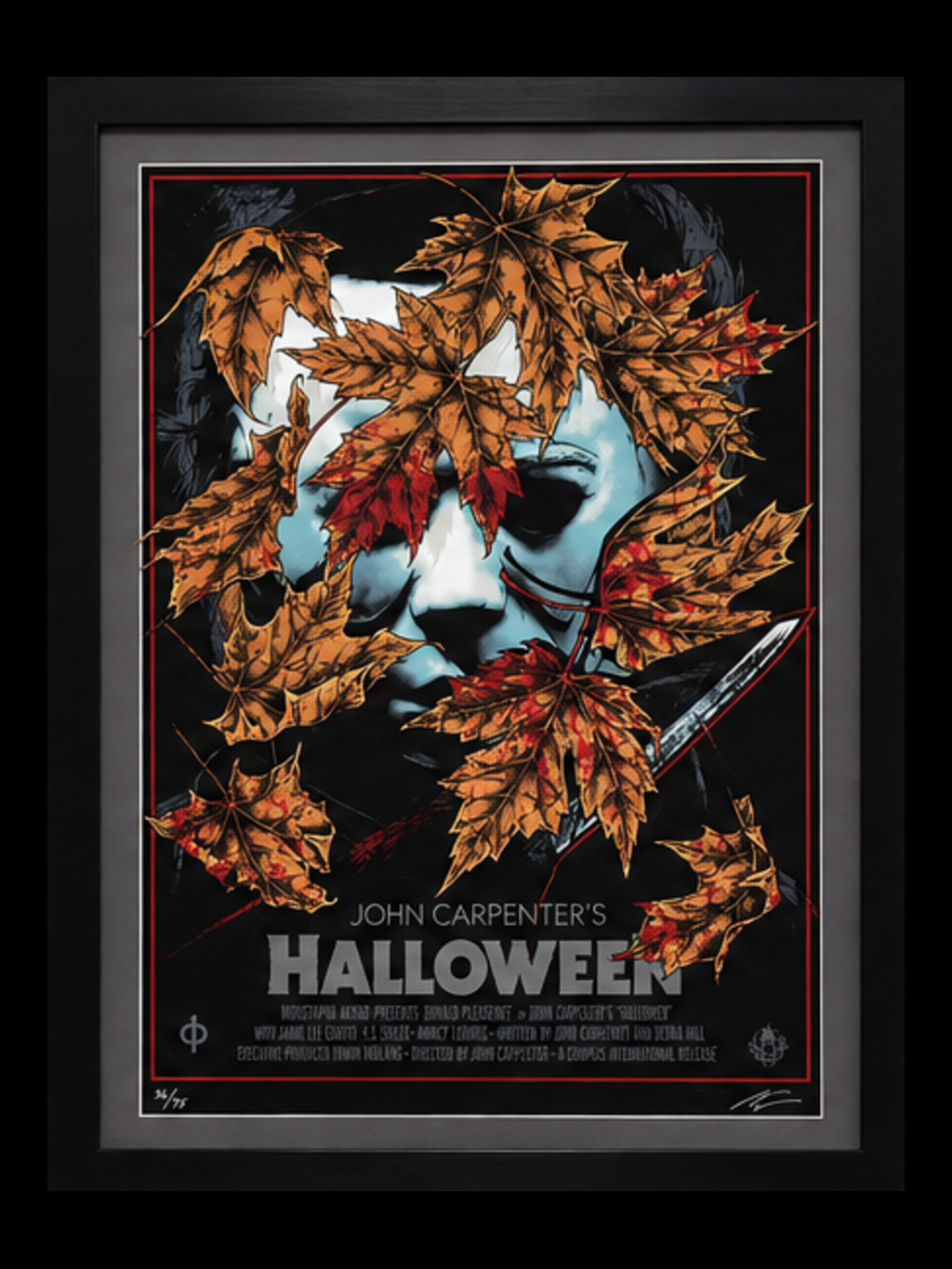 Halloween screen print by Rhys Cooper in complete black frame with gray mat