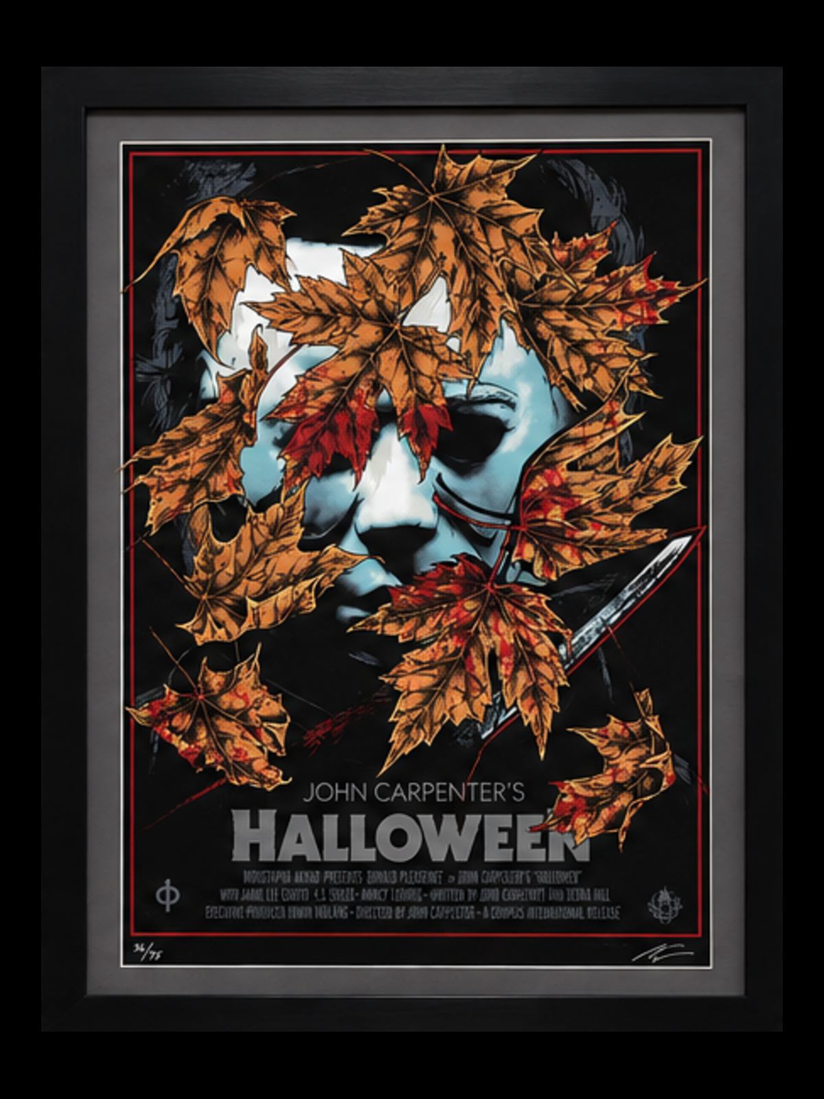 Halloween screen print by Rhys Cooper in complete black frame with gray mat
