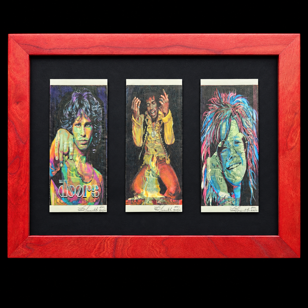 Jim Morrison, Jimi Hendrix and Janis Joplin hand-drawn $2 bills in a Santa Fe red wooden frame