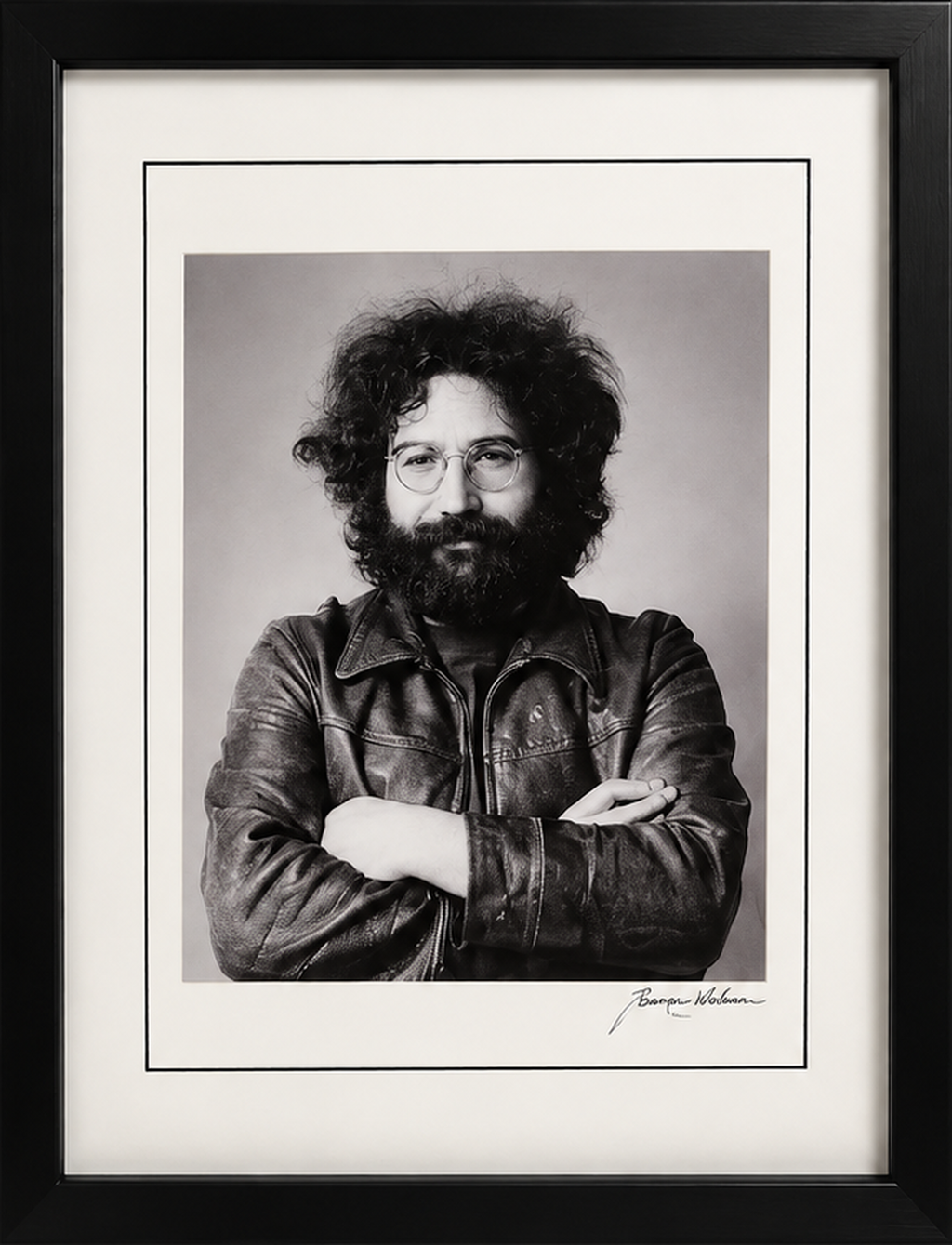 Full framed Jerry Garcia portrait by Baron Wolman, cropped to the black frame