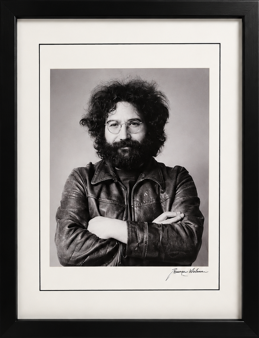 Full framed Jerry Garcia portrait by Baron Wolman, cropped to the black frame