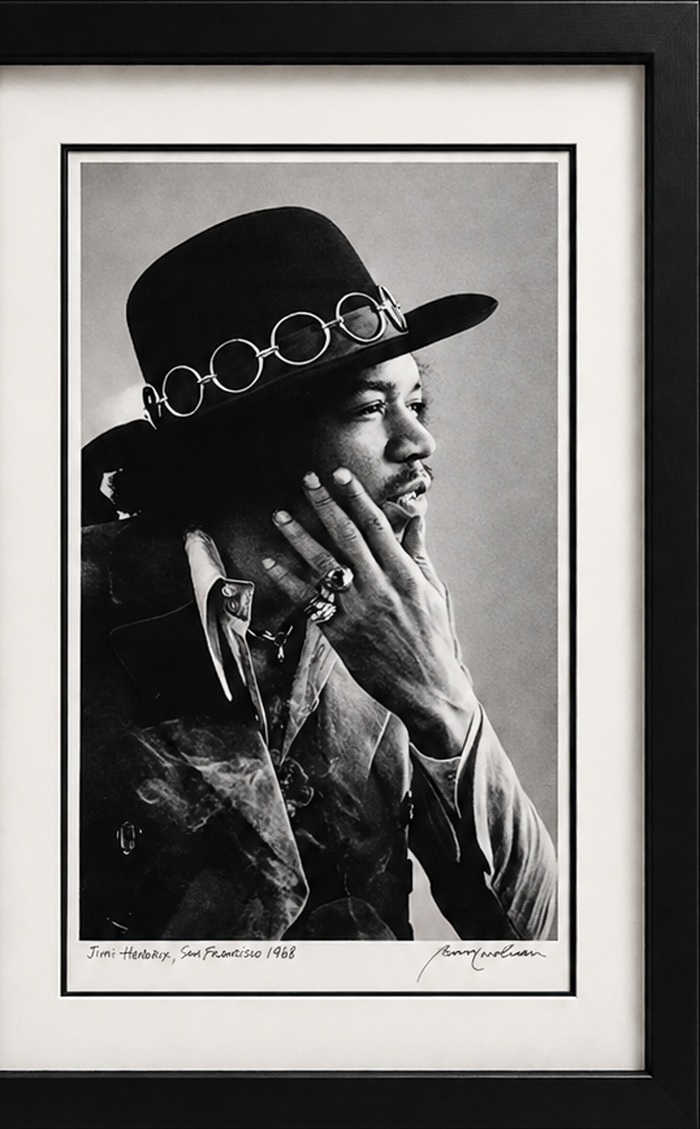 Full framed Jimi Hendrix San Francisco 1968 photograph by Baron Wolman, cropped precisely to the outer frame