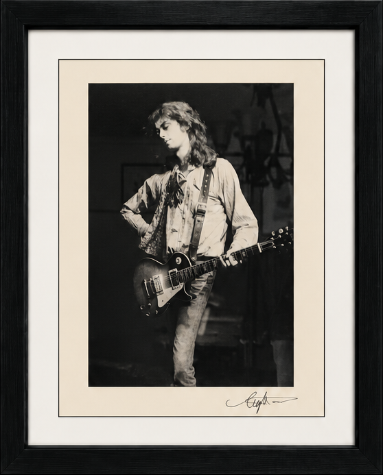 Jimmy Page during a 1975 Led Zeppelin rehearsal in Minneapolis, photograph by Neal Preston, framed
