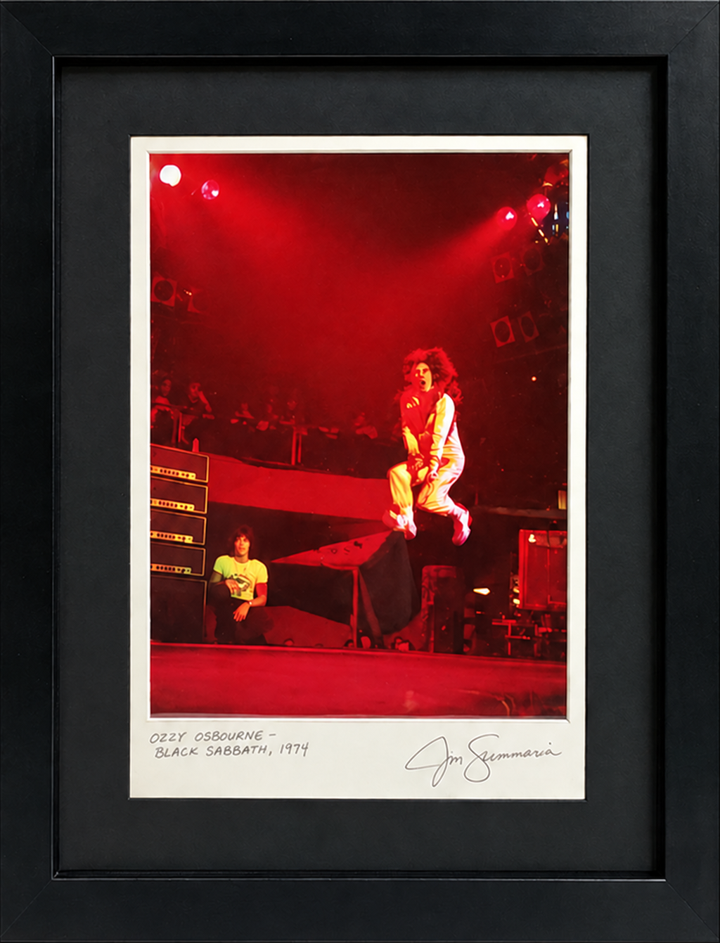 Ozzy Osbourne performing with Black Sabbath in 1974, photograph by Jim Summaria, framed