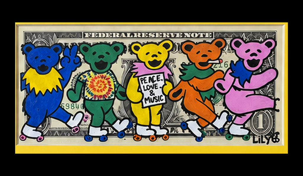 Dancing bears artwork detail from Peace, Love and Music by Lily