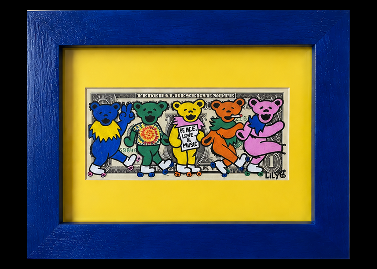 Peace, Love and Music original dollar artwork by Lily in its complete blue frame