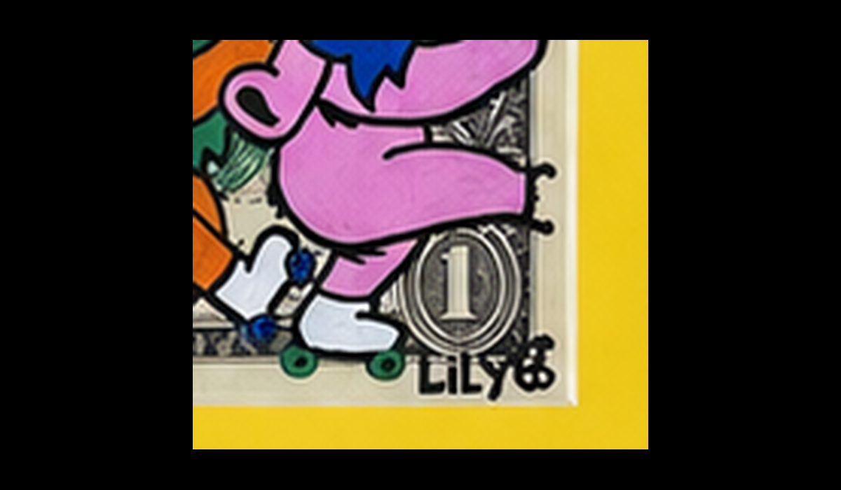 Lily signature detail on Peace, Love and Music original dollar artwork