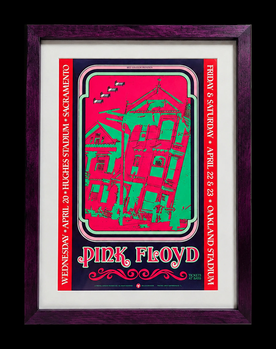 Pink Floyd 1988 BGP22 concert poster in purple frame centered on black