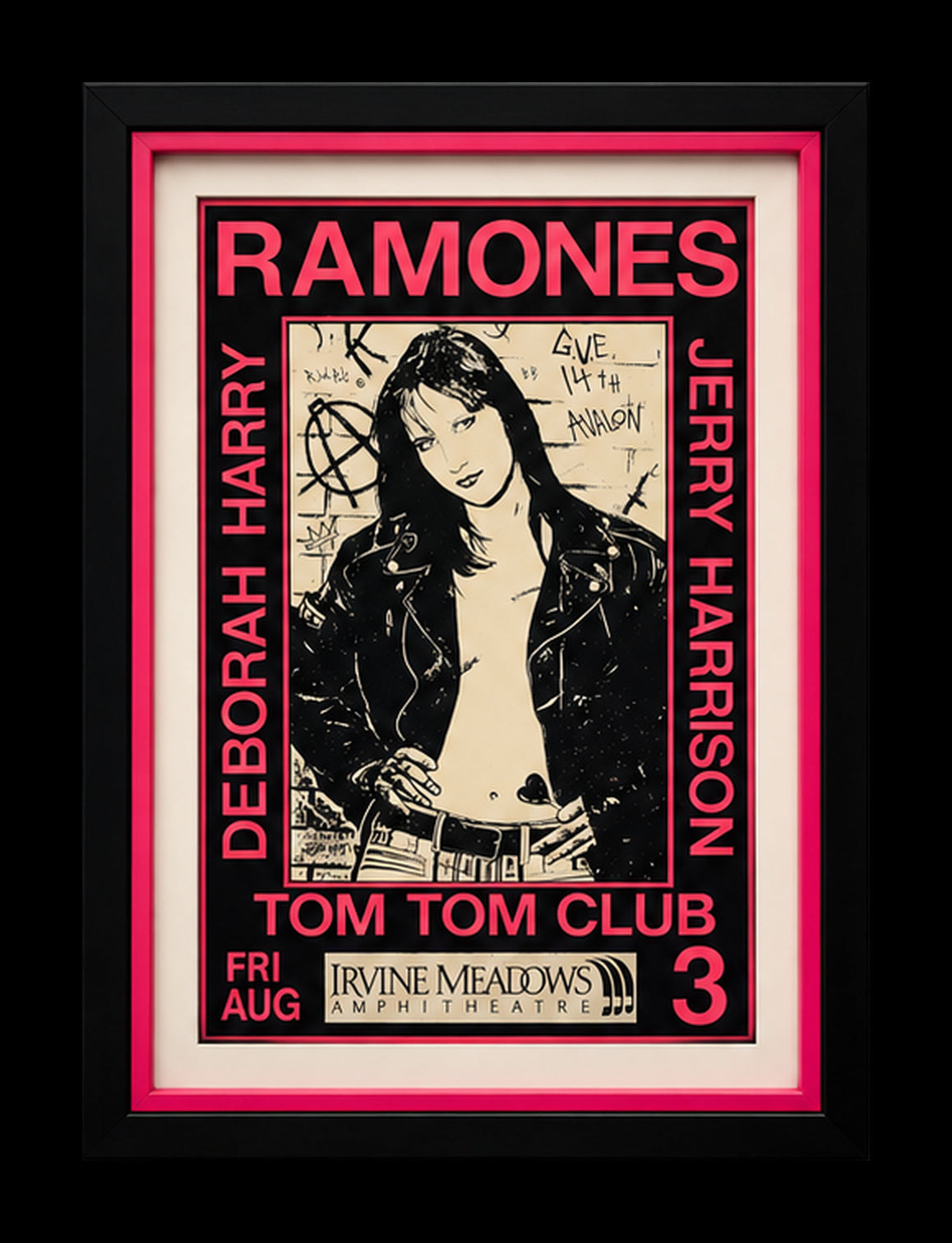 Ramones Irvine Meadows Amphitheatre 1990 Frank Kozik concert poster in black and pink frame, centered on black
