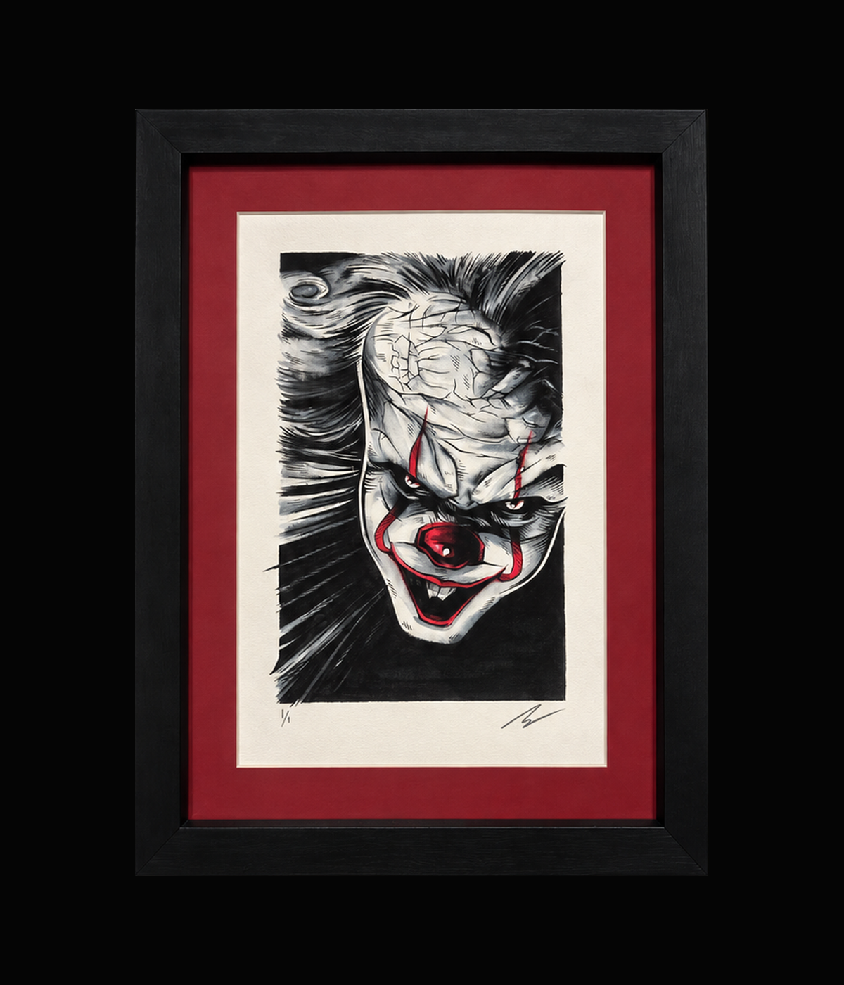 IT / Pennywise watercolor by Rhys Cooper, complete black frame and signed 1 of 1 artwork