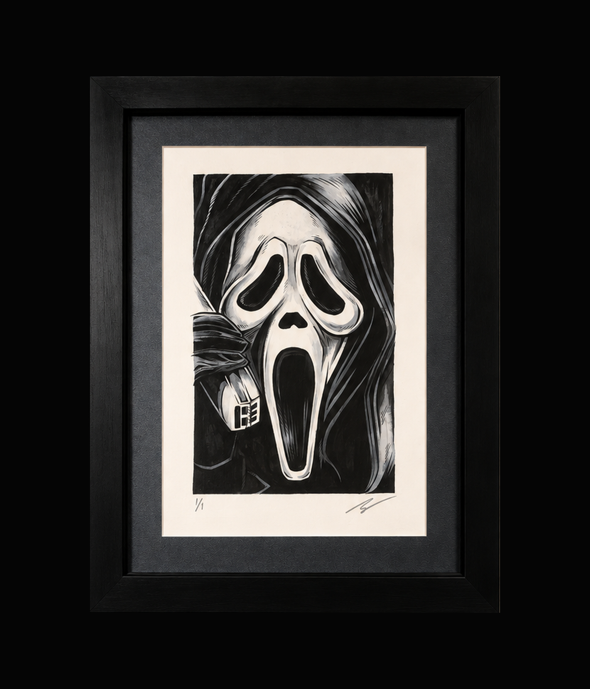 Ghostface / Scream watercolor by Rhys Cooper, complete black frame and signed 1 of 1 artwork