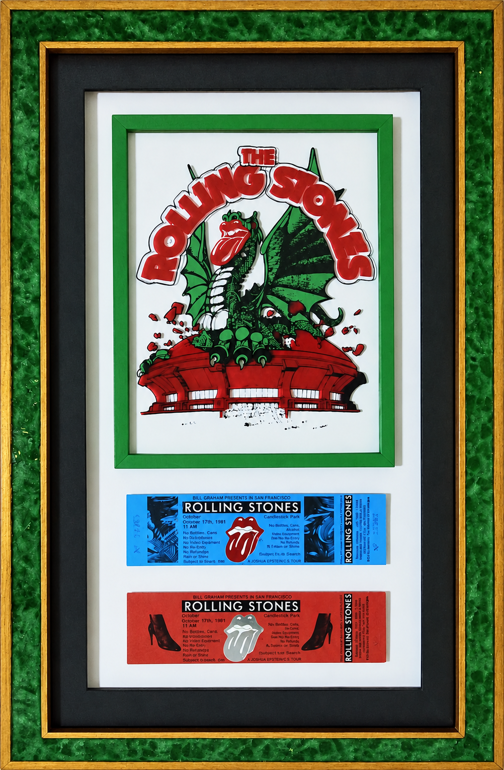 Full framed Rolling Stones Candlestick Park 1981 artwork with two original concert tickets
