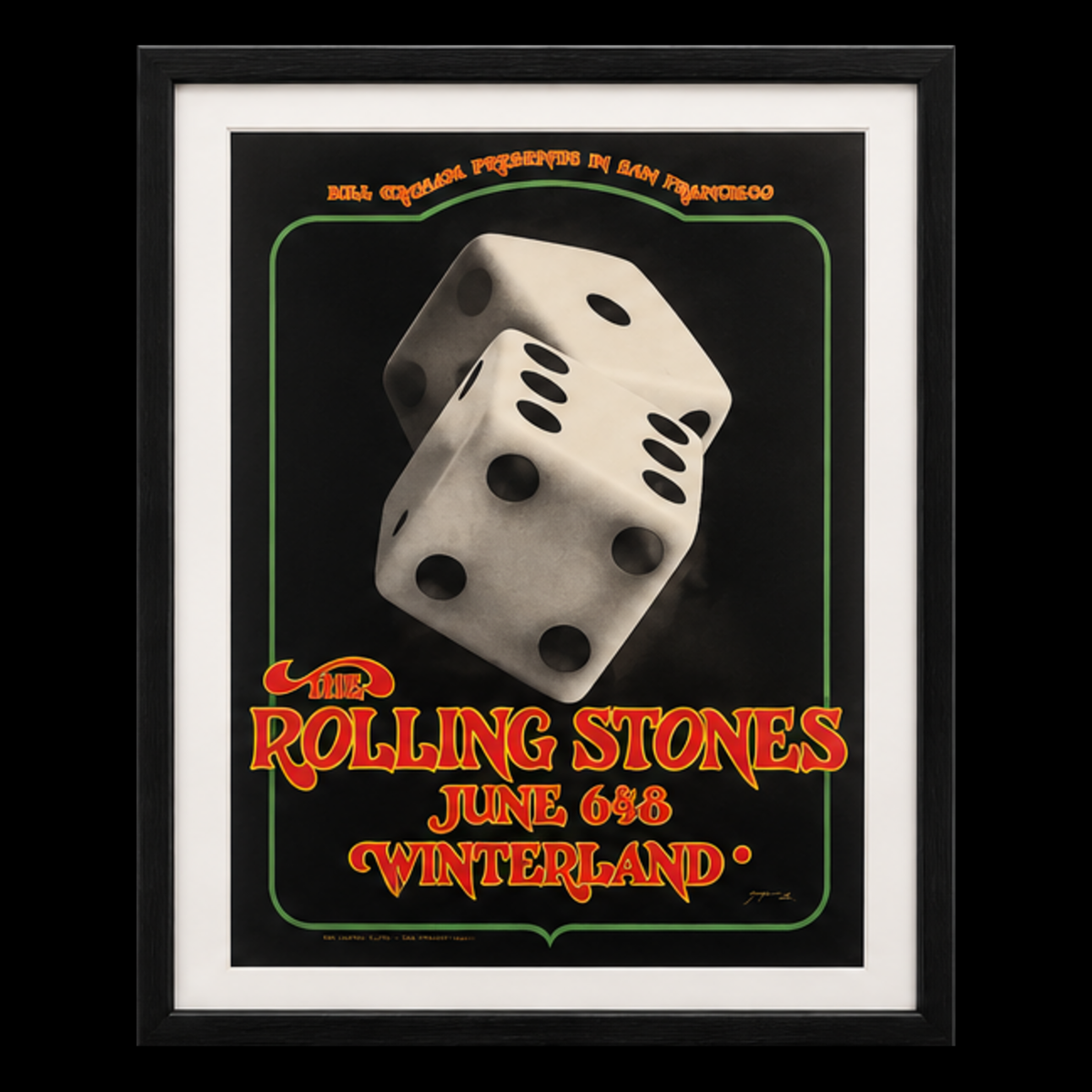 The Rolling Stones Winterland 1972 framed concert poster centered on black