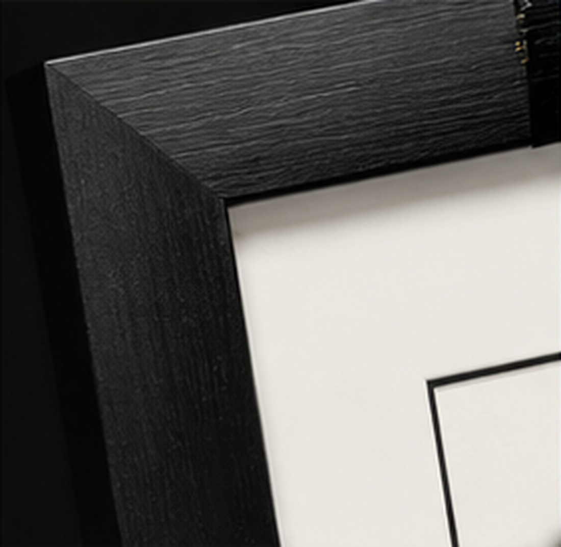 Close-up of the black wood gallery frame, white mat, and black core