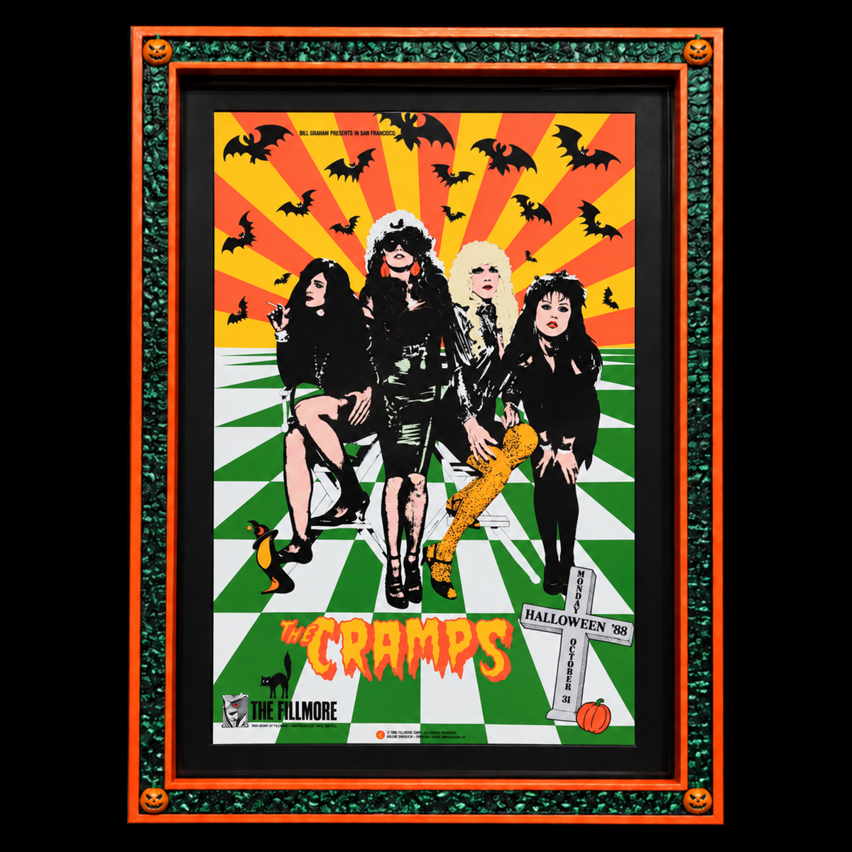 The Cramps Halloween ’88, Monday October 31 concert poster in custom frame with upright pumpkin corners