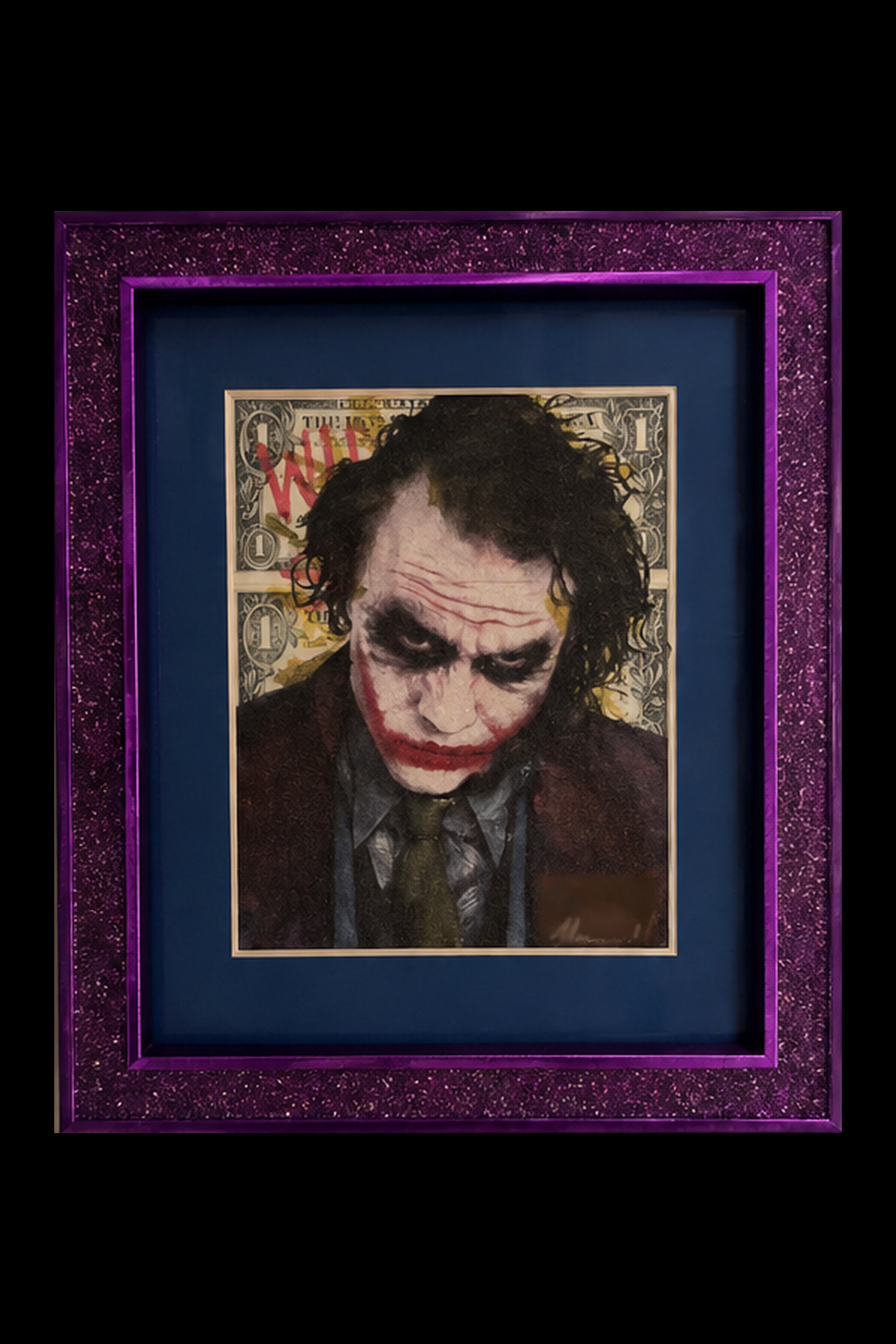 Why So Serious original Joker artwork by Chris Boyle with authentic signature in its complete purple frame